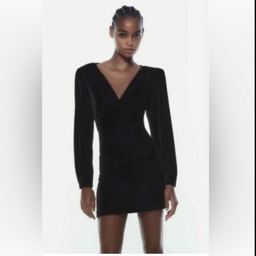 NEW Zara Black Velvet V-Neck Mini Dress Long Sleeve Ruched Party Cocktail NWT